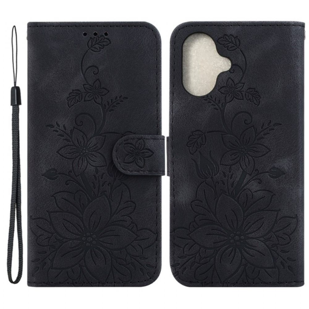 Kožený Kryt iPhone 16 Květinový Vzor S Páskem