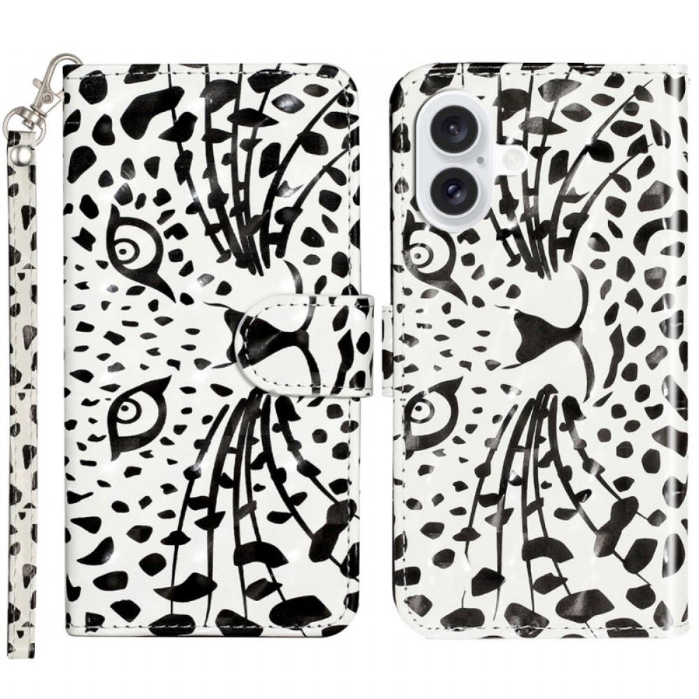 Kožený Kryt iPhone 16 Leopardí Hlava S Popruhem