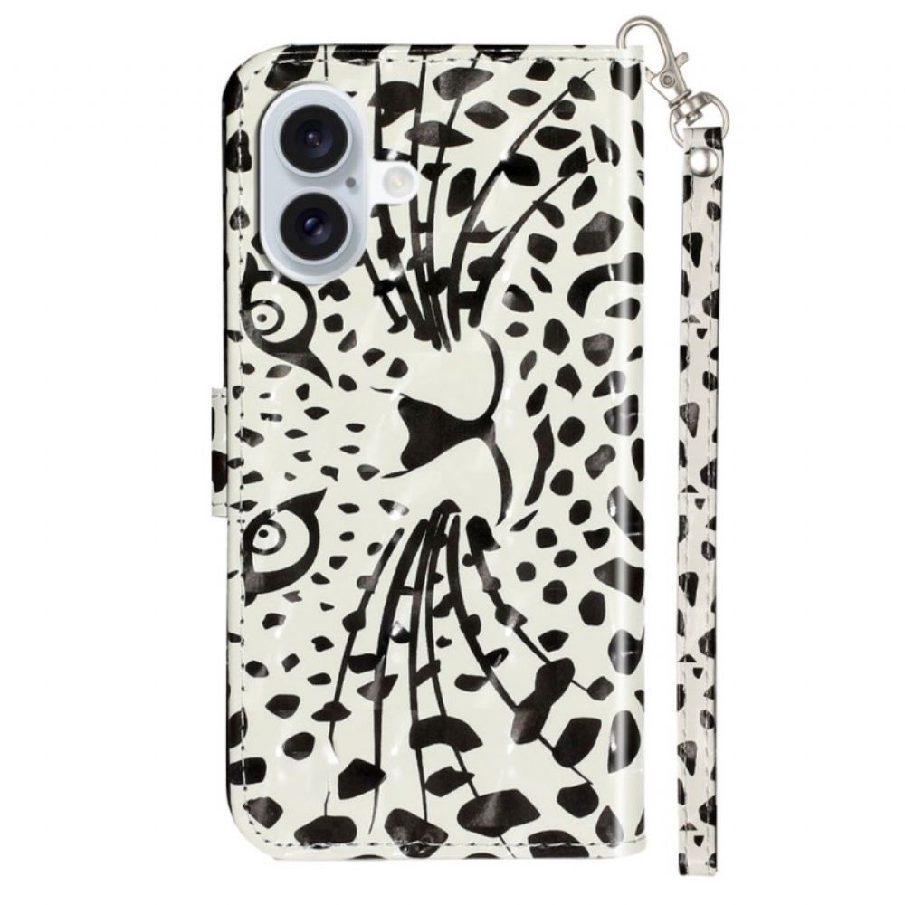 Kožený Kryt iPhone 16 Leopardí Hlava S Popruhem