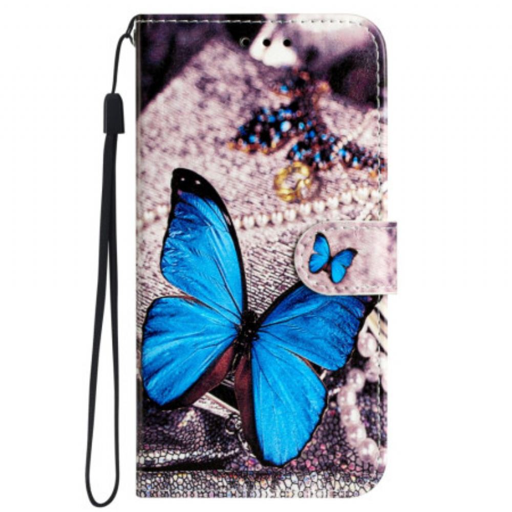Kožený Kryt iPhone 16 Modrý Motýl S Řemínkem
