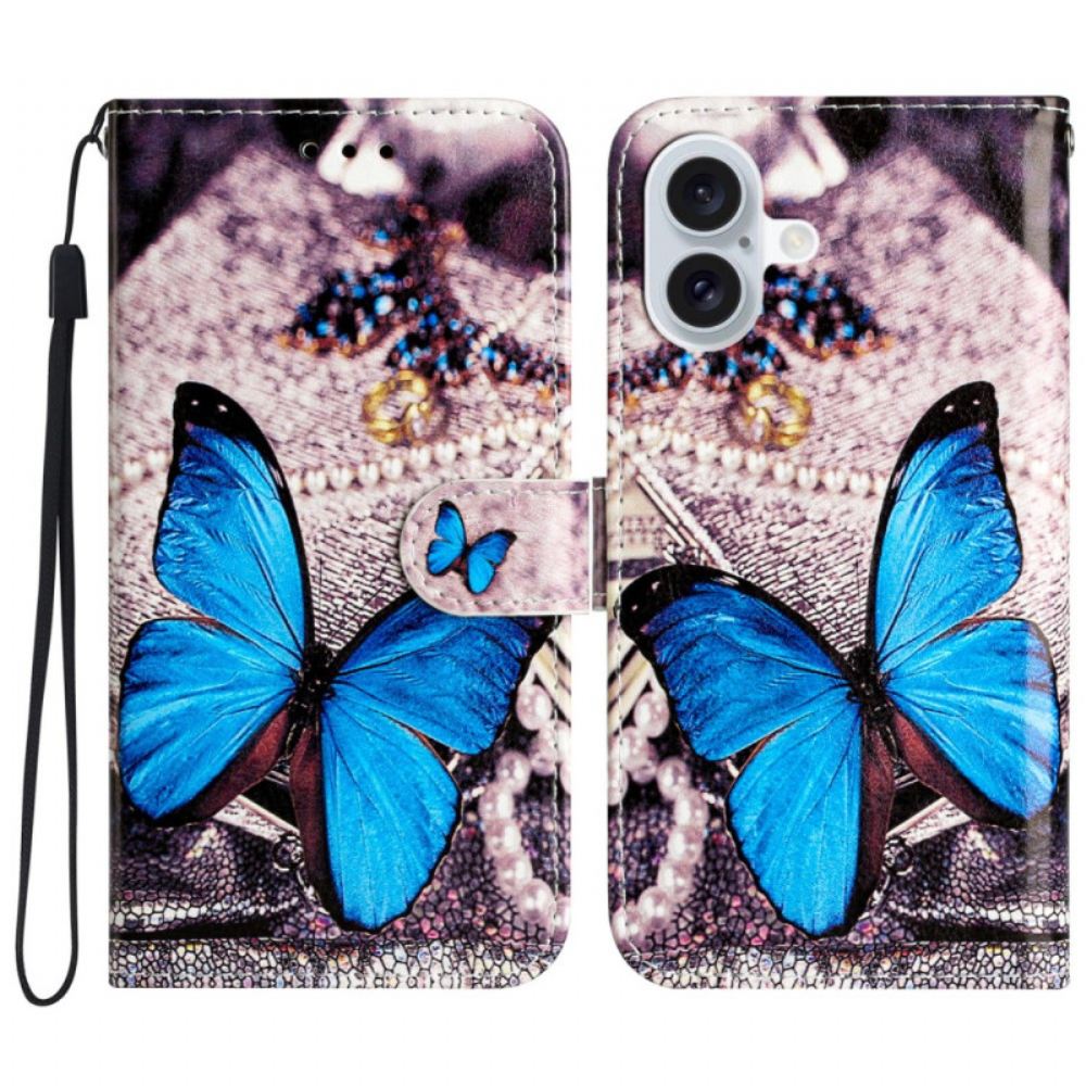 Kožený Kryt iPhone 16 Modrý Motýl S Řemínkem
