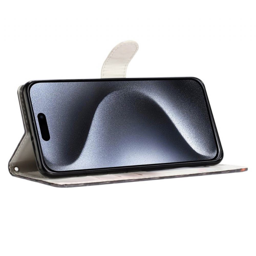 Kožený Kryt iPhone 16 Modrý Mramorový Vzor S Páskem