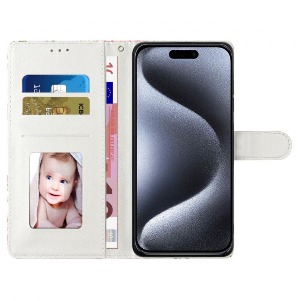 Kožený Kryt iPhone 16 Modrý Mramorový Vzor S Páskem