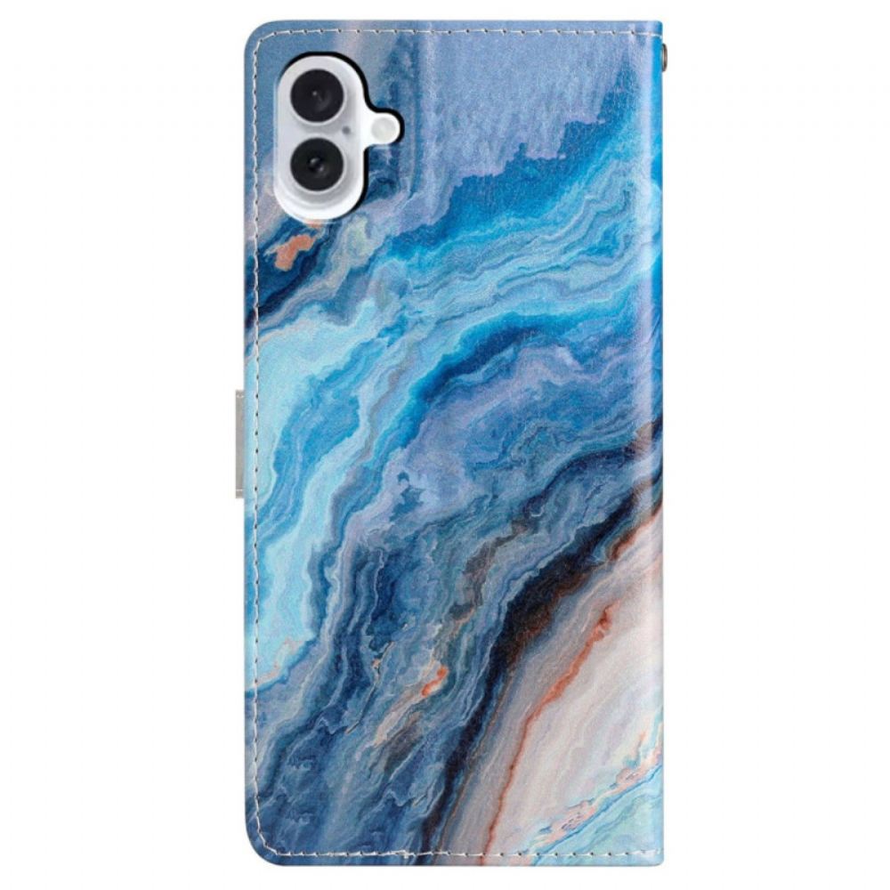 Kožený Kryt iPhone 16 Modrý Mramorový Vzor S Páskem
