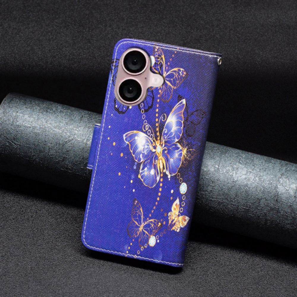 Kožený Kryt iPhone 16 Motýli Na Fialovém Pozadí