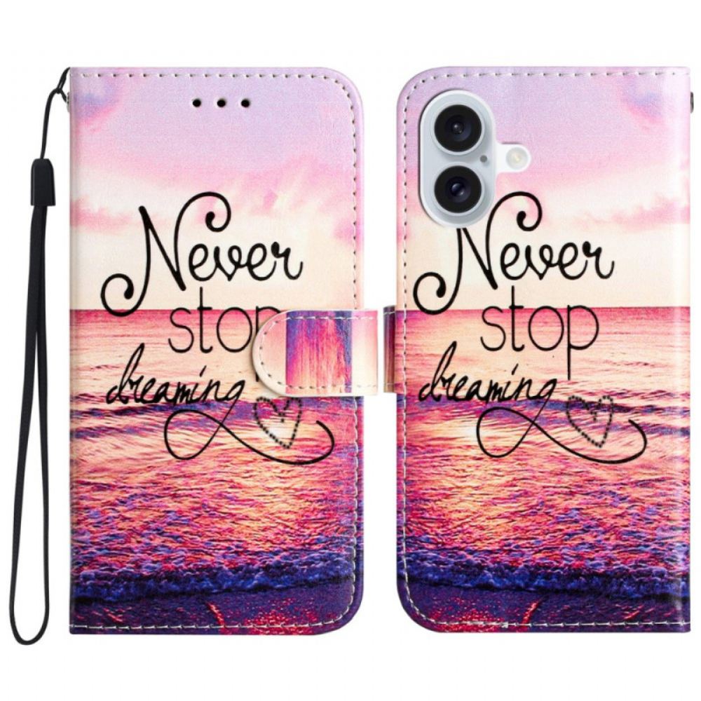Kožený Kryt iPhone 16 Nikdy Nepřestávejte Snít S Popruhem