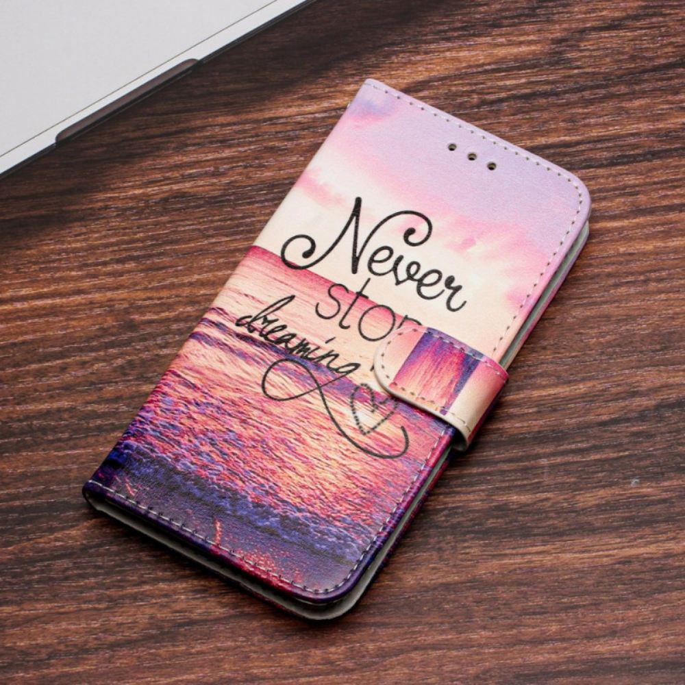 Kožený Kryt iPhone 16 Nikdy Nepřestávejte Snít S Popruhem