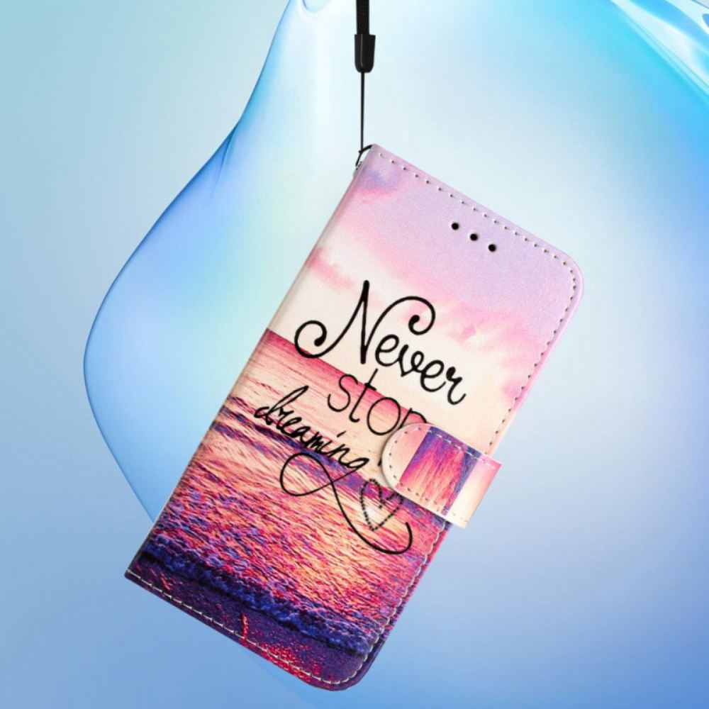 Kožený Kryt iPhone 16 Nikdy Nepřestávejte Snít S Popruhem