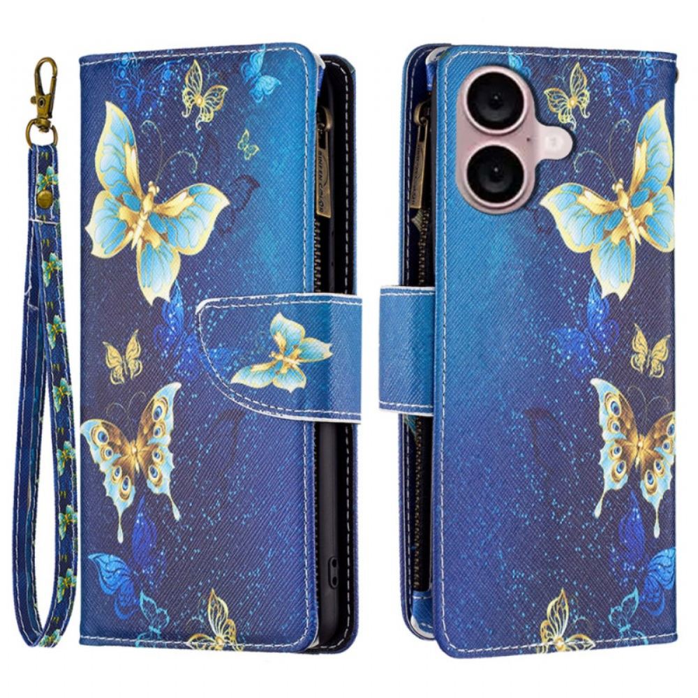 Kožený Kryt iPhone 16 Peněženka Golden Butterflies
