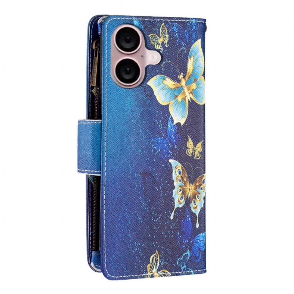Kožený Kryt iPhone 16 Peněženka Golden Butterflies