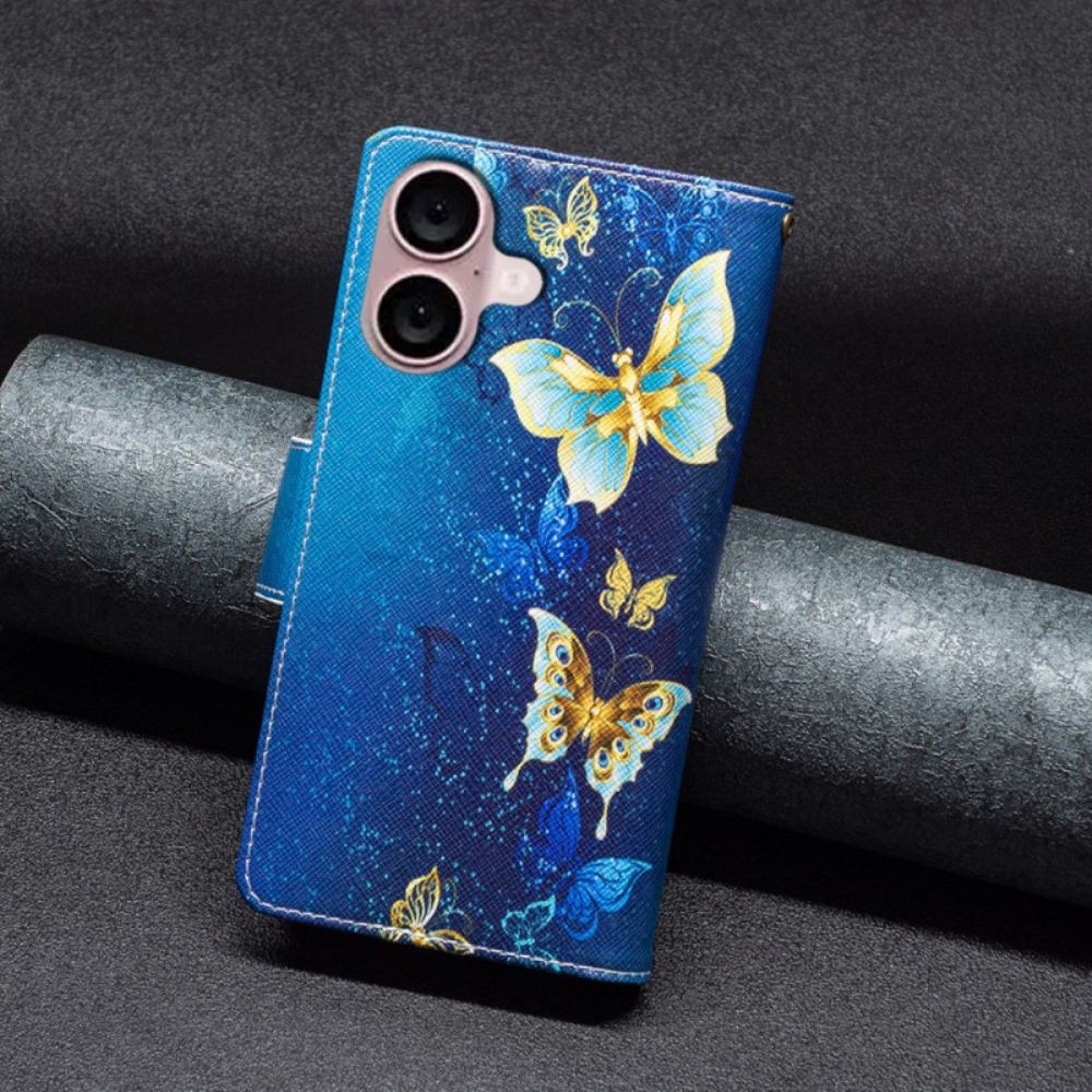 Kožený Kryt iPhone 16 Peněženka Golden Butterflies