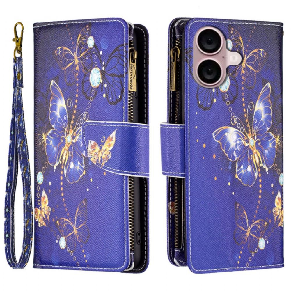 Kožený Kryt iPhone 16 Peněženka Purple Butterflies