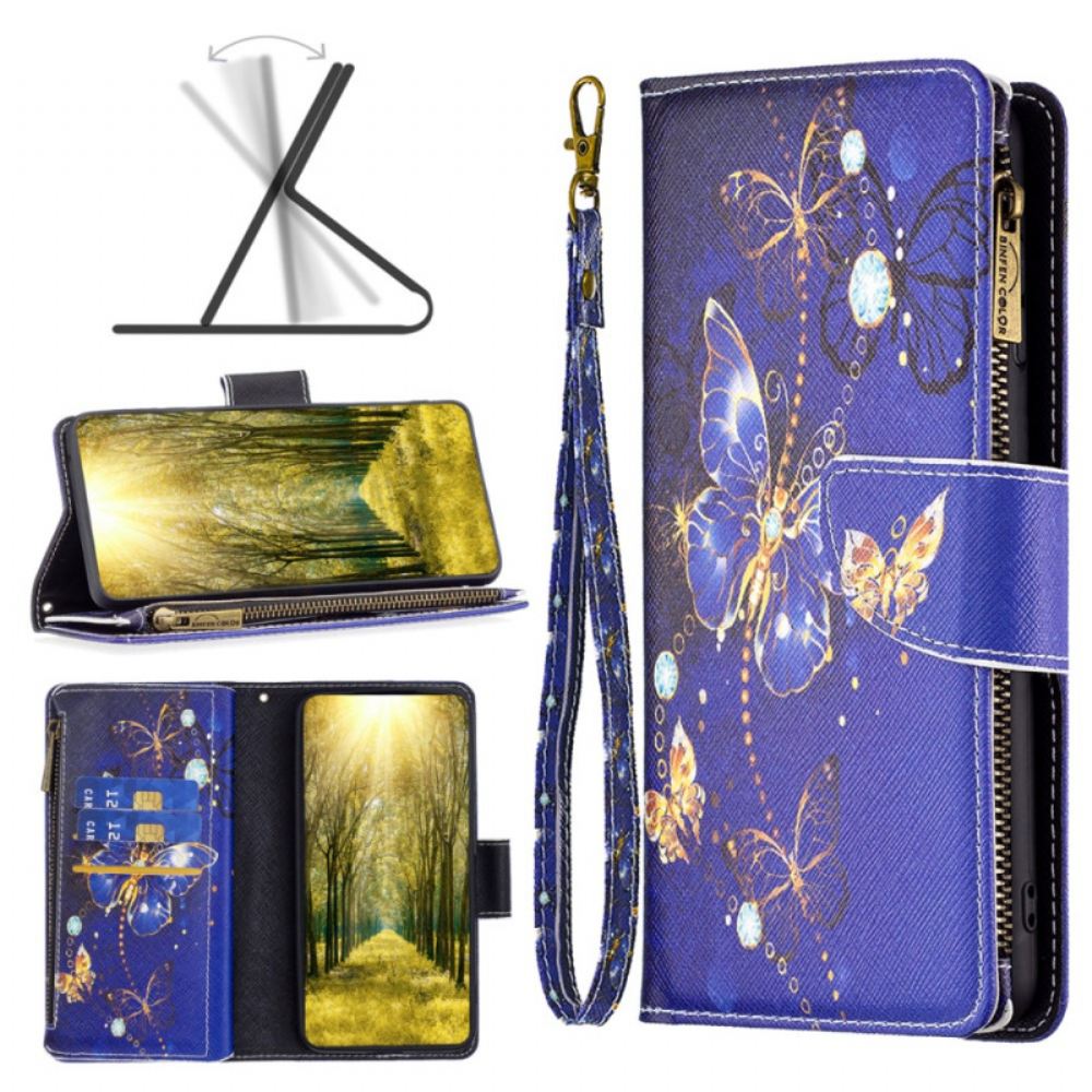 Kožený Kryt iPhone 16 Peněženka Purple Butterflies