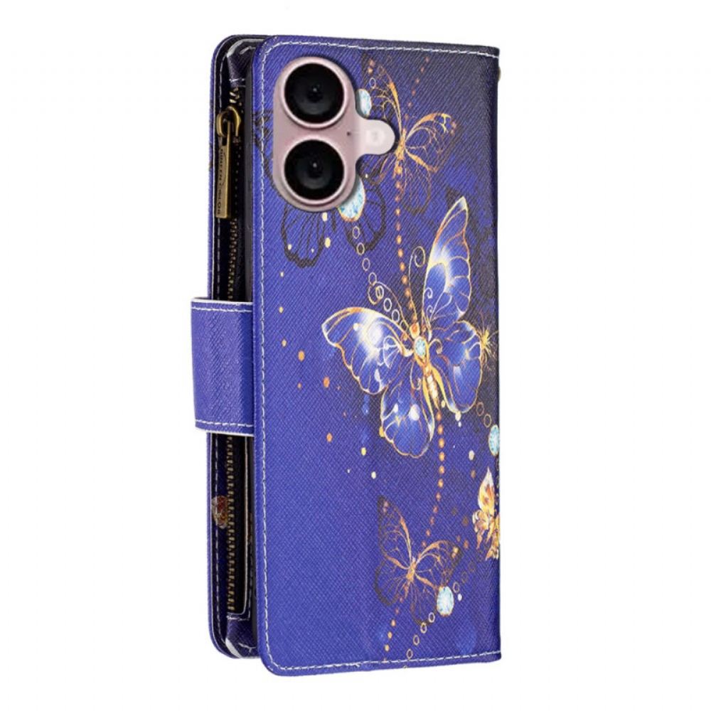 Kožený Kryt iPhone 16 Peněženka Purple Butterflies
