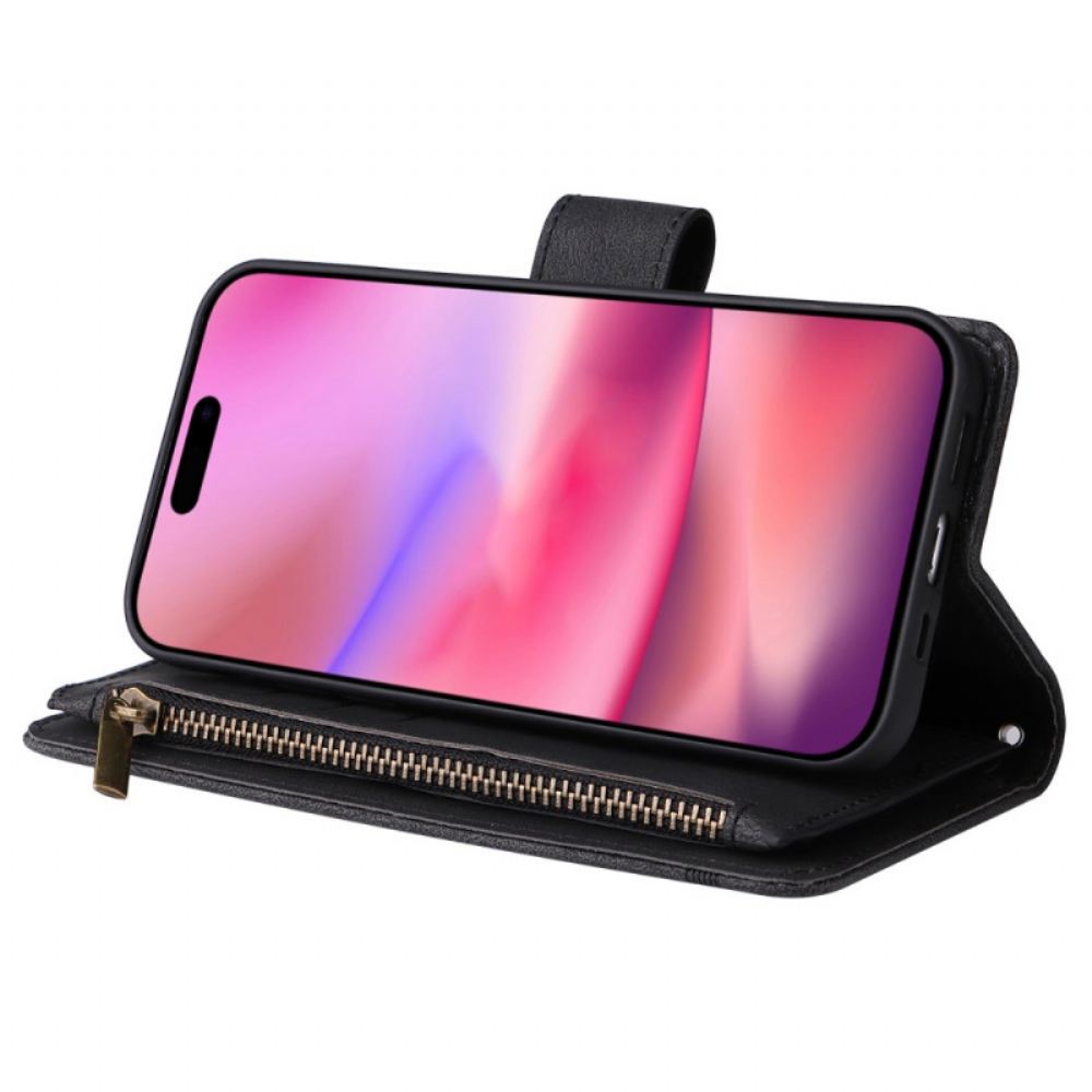 Kožený Kryt iPhone 16 Peněženka S Nýtovým Popruhem