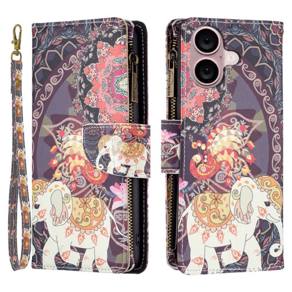 Kožený Kryt iPhone 16 Peněženka Tribal Elephant
