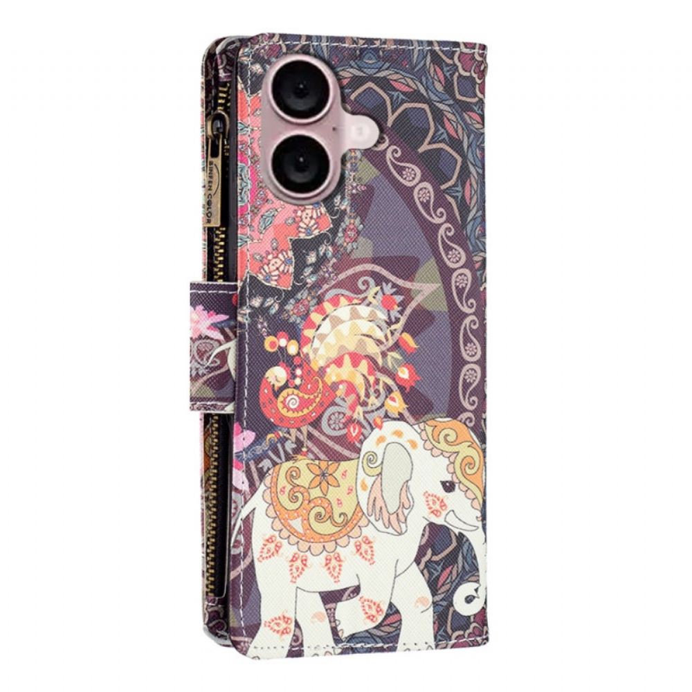 Kožený Kryt iPhone 16 Peněženka Tribal Elephant