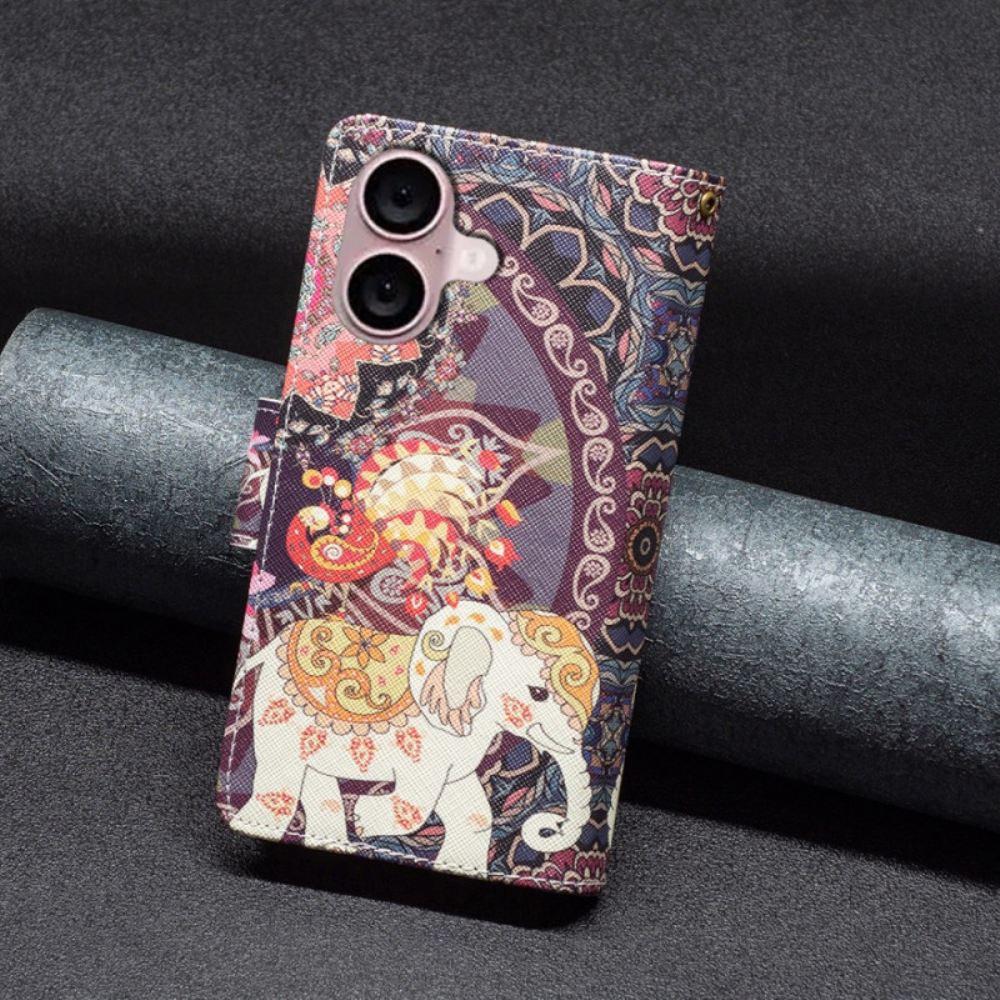 Kožený Kryt iPhone 16 Peněženka Tribal Elephant