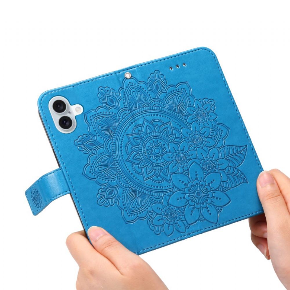 Kožený Kryt iPhone 16 Potisk Mandaly S Páskem