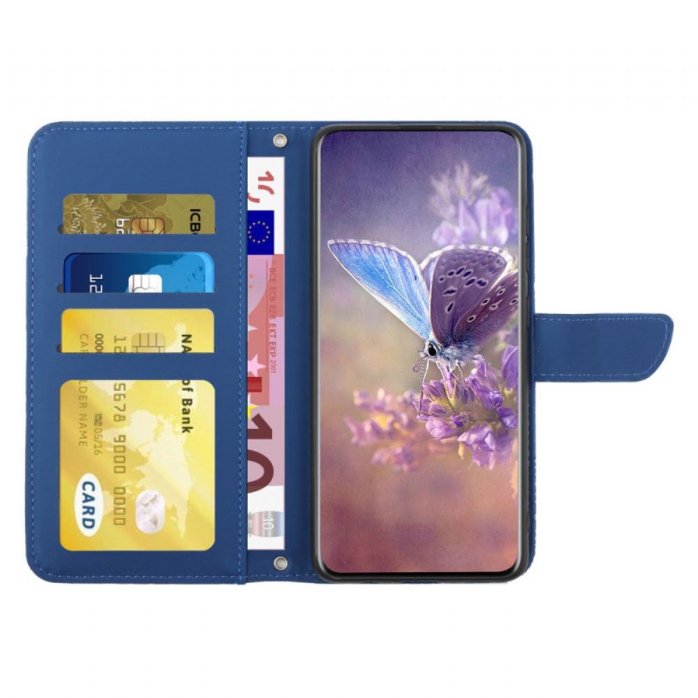 Kožený Kryt iPhone 16 Potisk Motýlů S Popruhem Přes Rameno