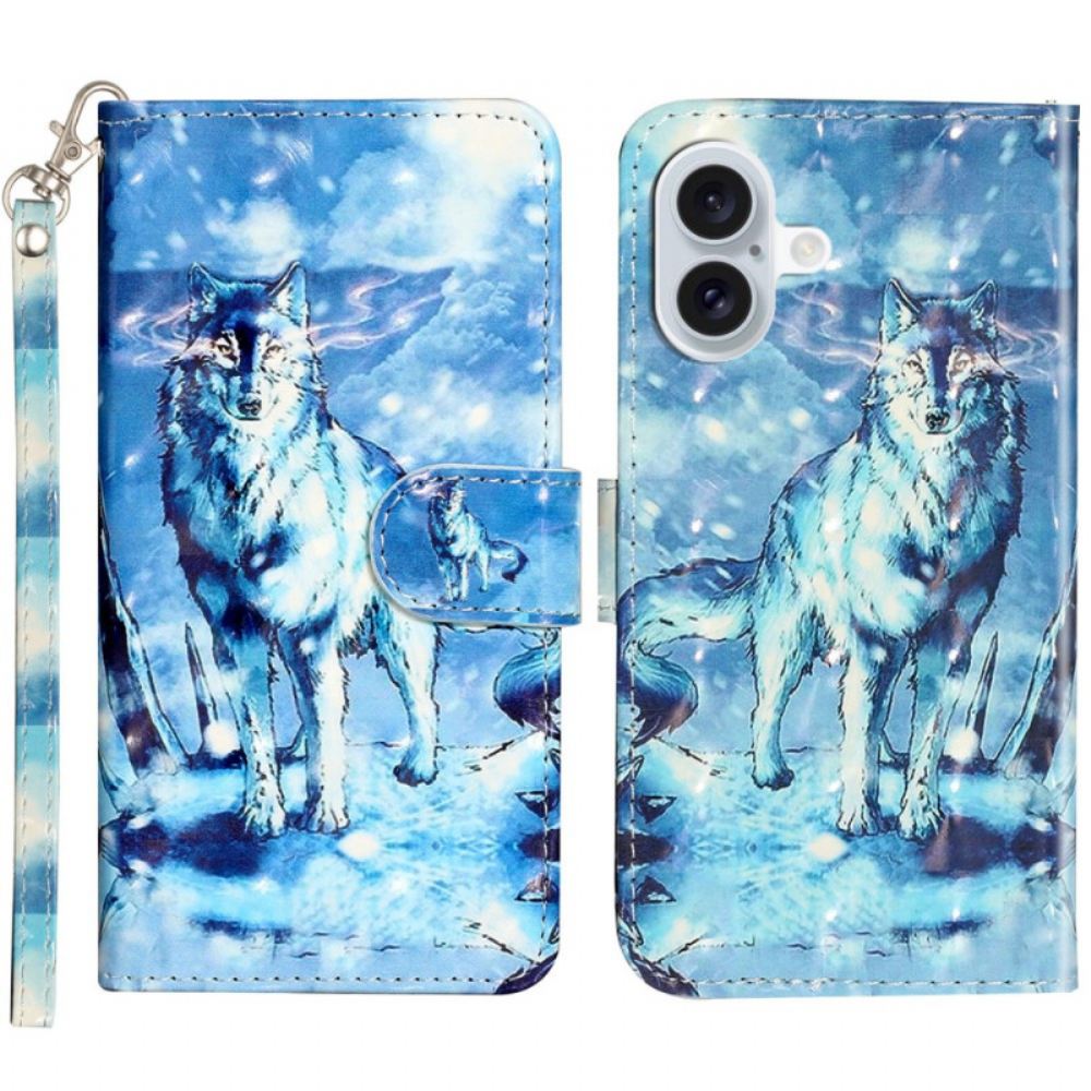 Kožený Kryt iPhone 16 Připoutaný Sněžný Vlk