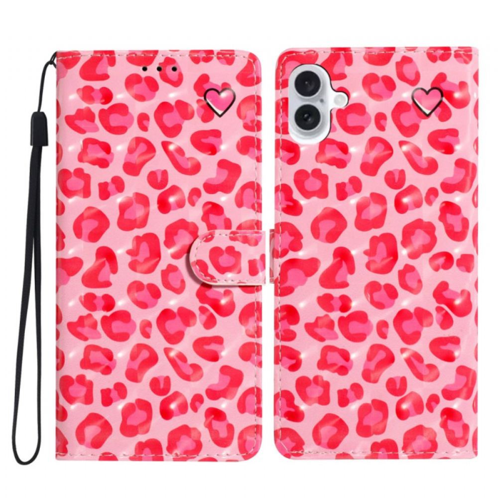 Kožený Kryt iPhone 16 Růžový Leopardí Potisk S Páskem