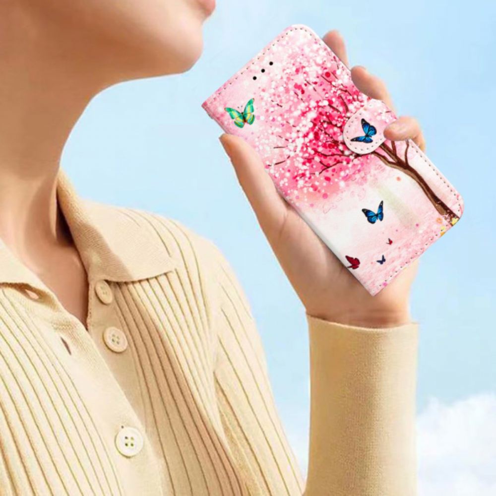 Kožený Kryt iPhone 16 Třešňový Květ S Popruhem