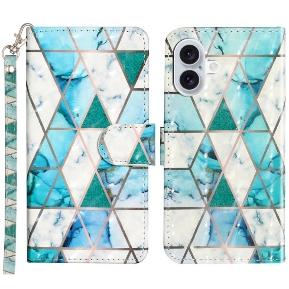 Kožený Kryt iPhone 16 Zelený A Modrý Mramor S Popruhem