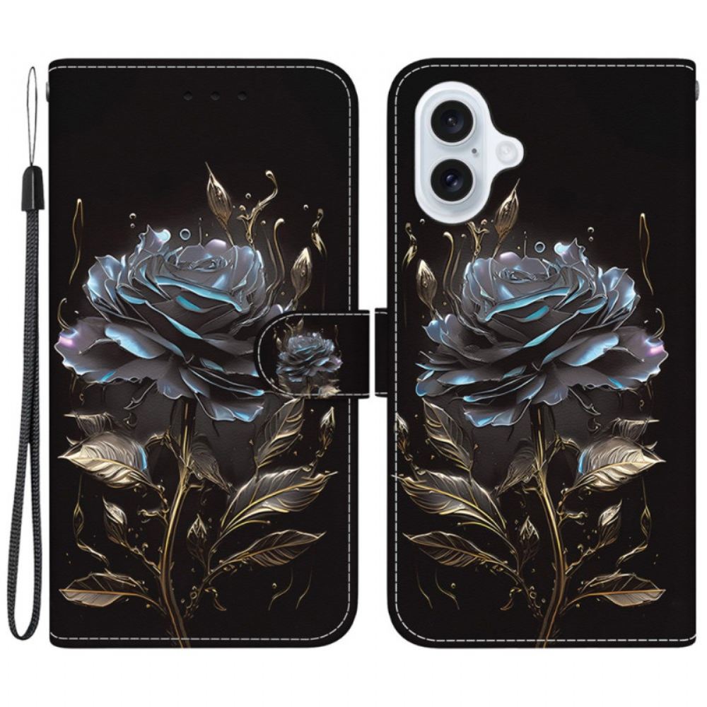 Kožený Kryt iPhone 16 Černá Růže S Popruhem