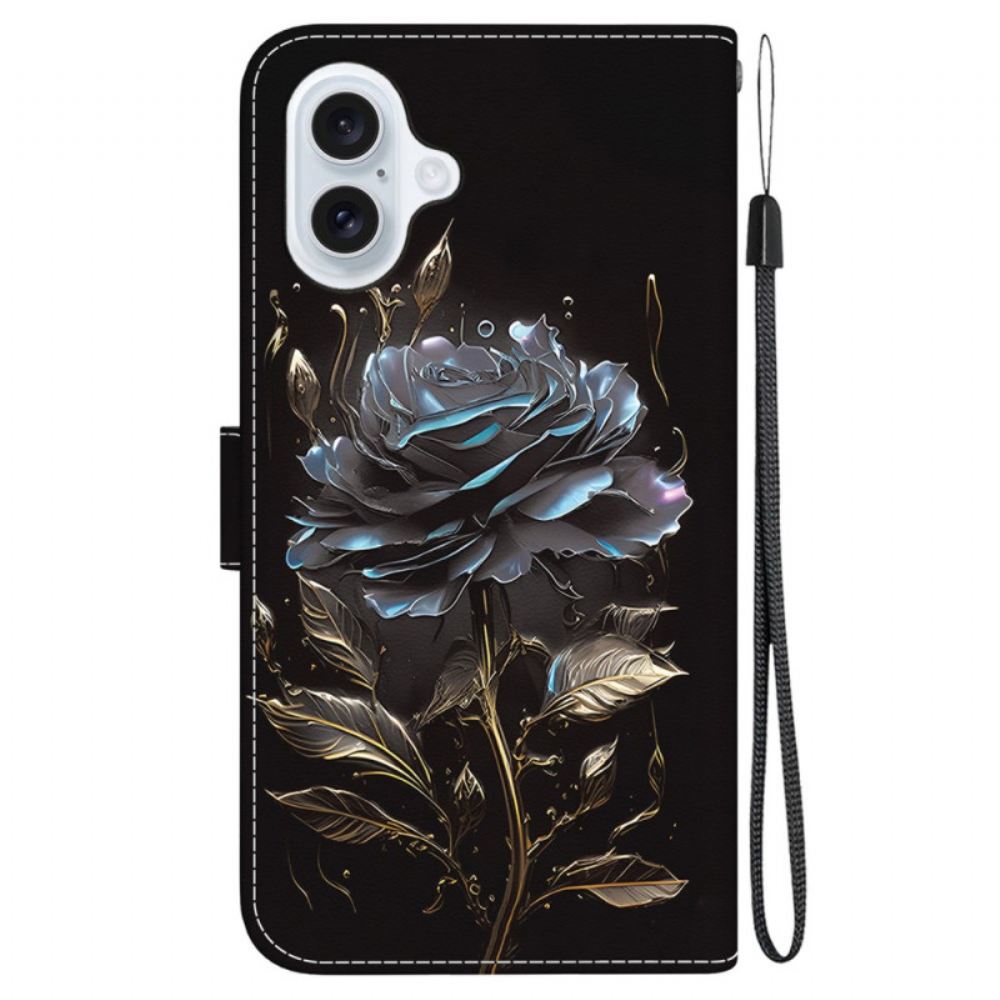 Kožený Kryt iPhone 16 Černá Růže S Popruhem