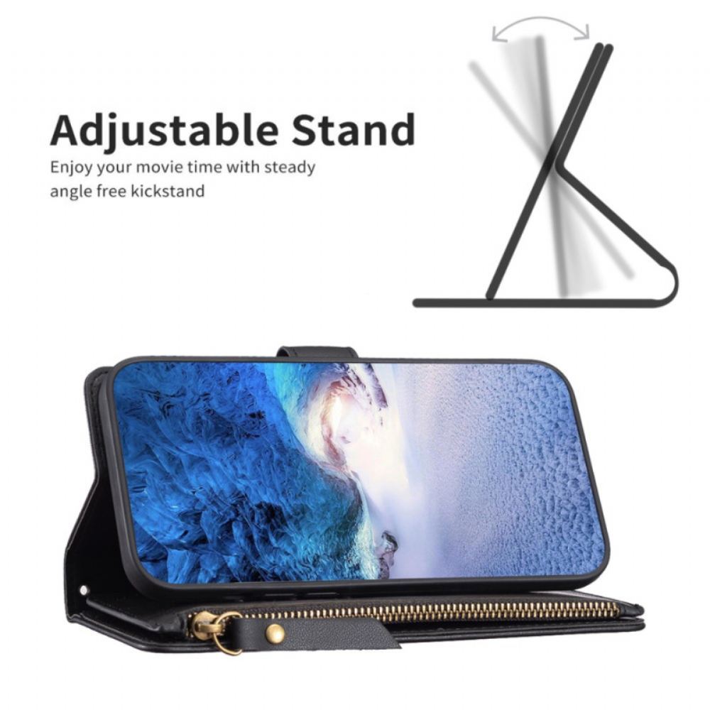 Kožený Kryt Na iPhone 16 Peněženka Na Mince A Šňůrka