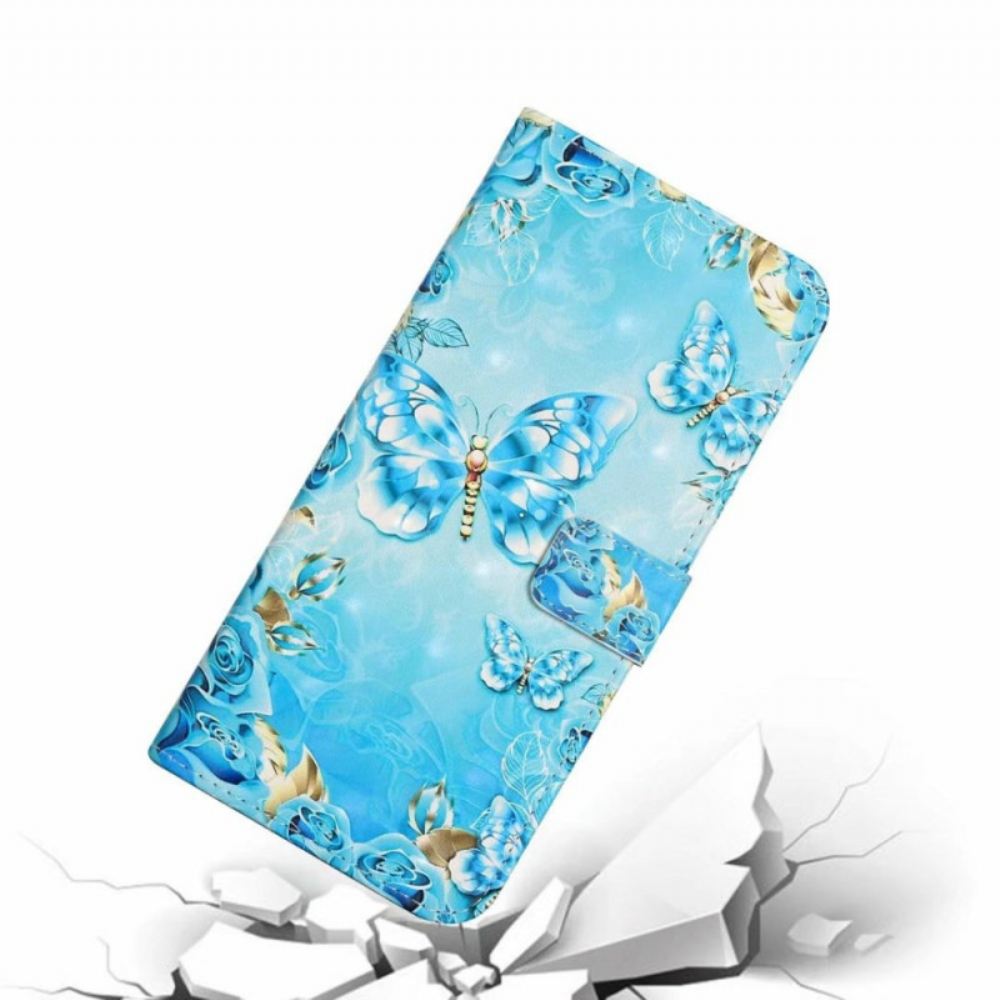 Kožený Kryt Na iPhone 16 Světle Modří Motýli