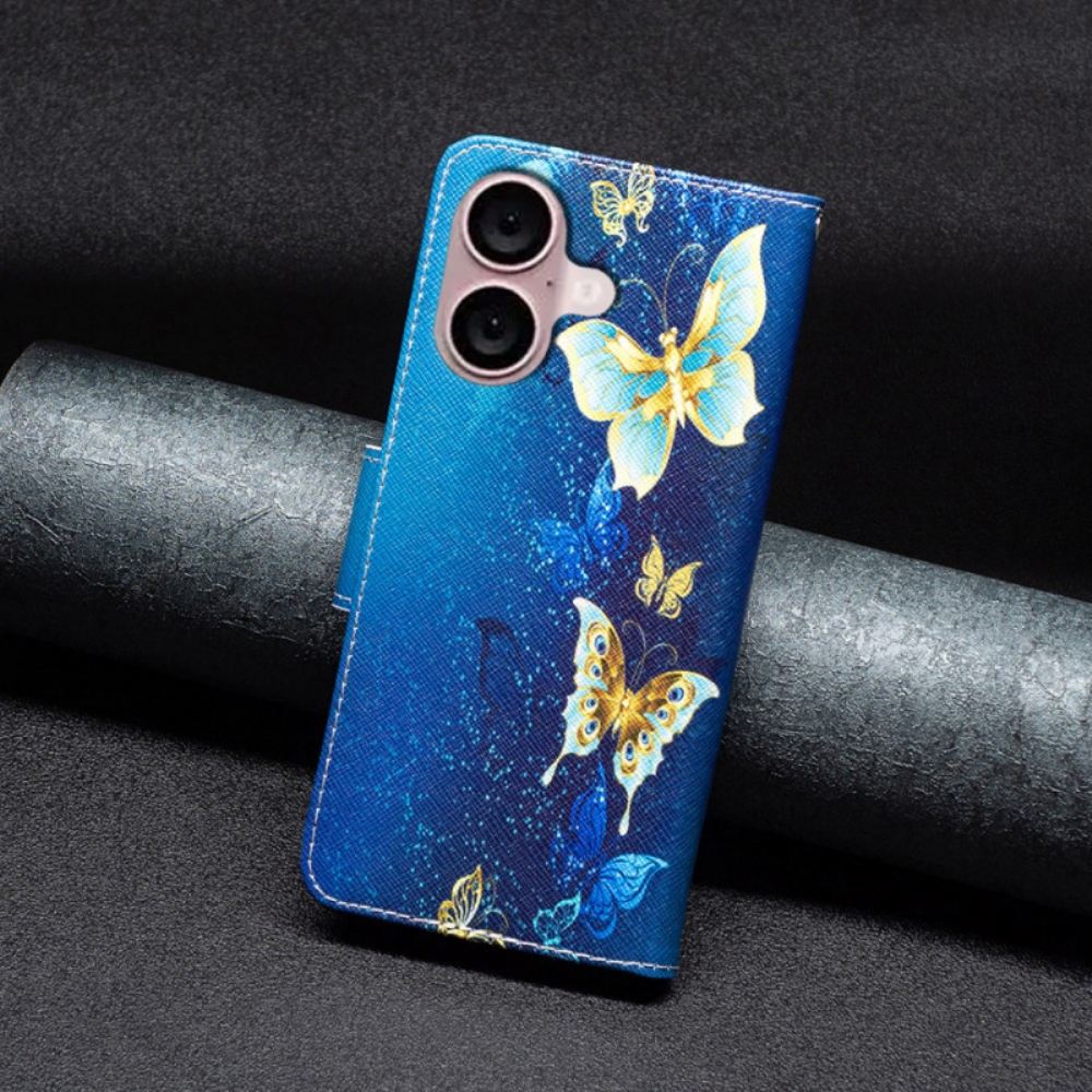 Kožený Kryt Na iPhone 16 Zlatí Motýli