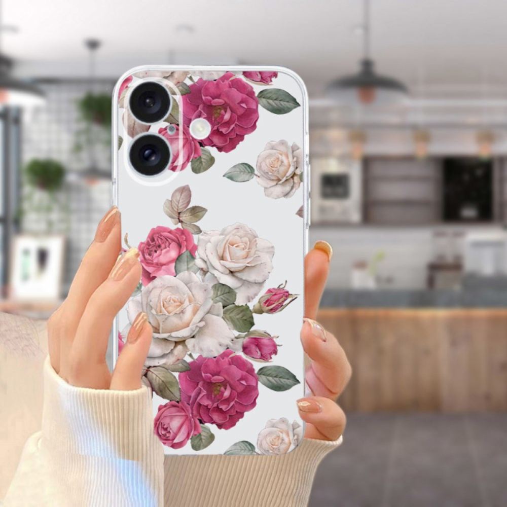 Kryt iPhone 16 Průhledné Hraniční Pivoňky