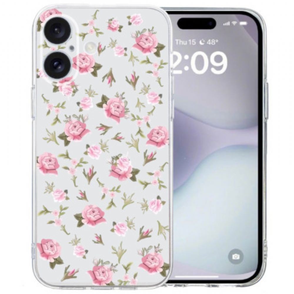 Kryt iPhone 16 Průhledné Růžové Květy