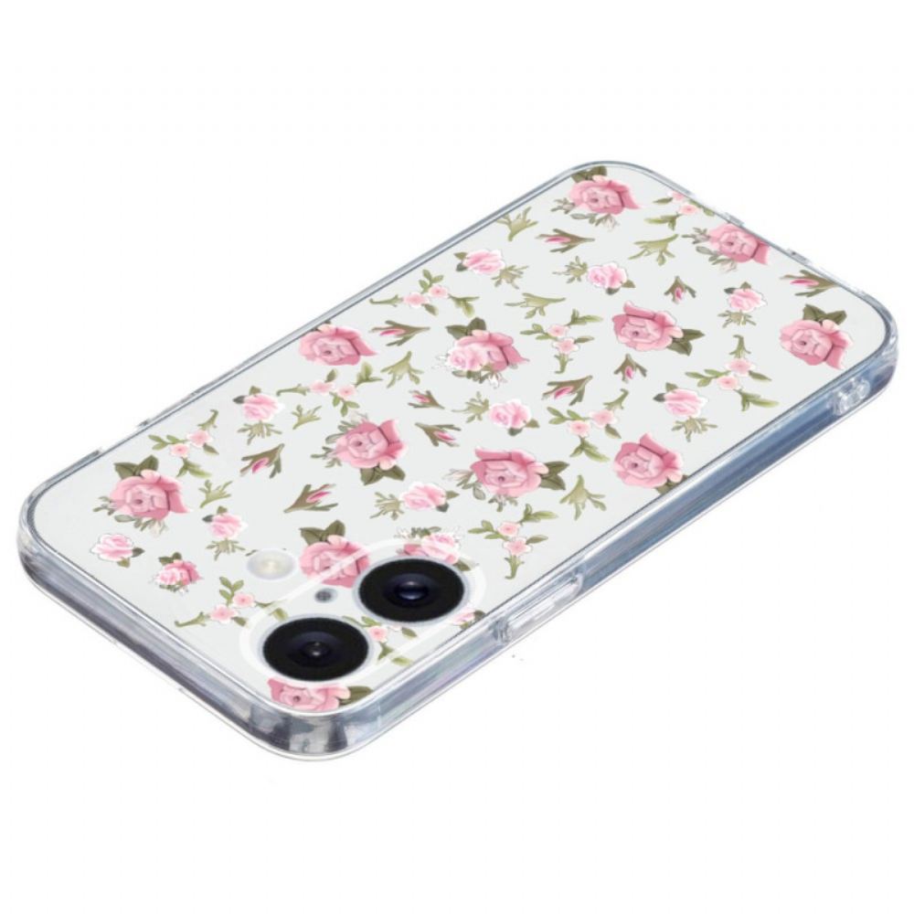 Kryt iPhone 16 Průhledné Růžové Květy