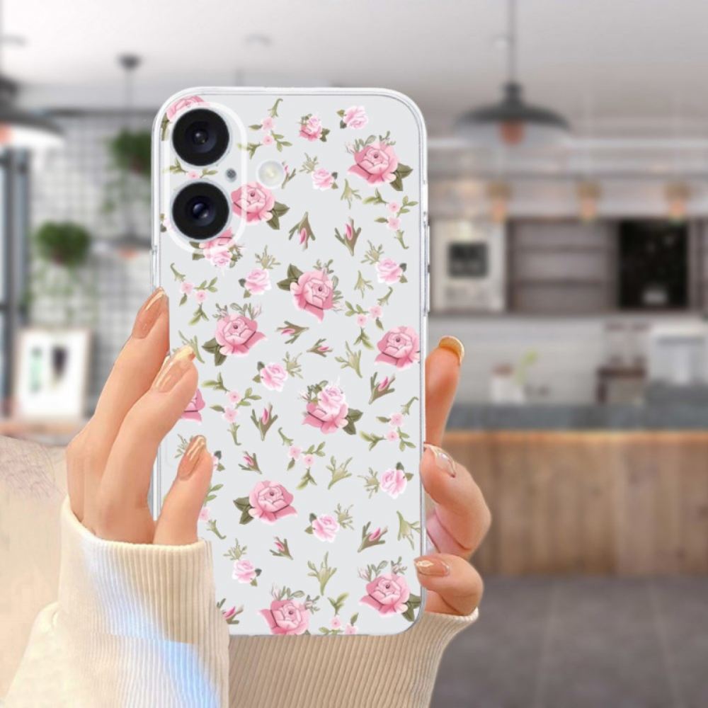 Kryt iPhone 16 Průhledné Růžové Květy