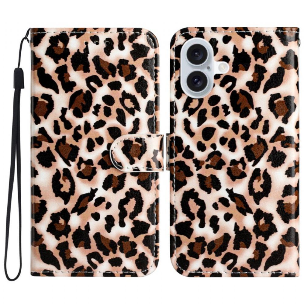 Peněženková Pouzdra iPhone 16 Kryty Na Mobil Leopardí Vzor S Páskem