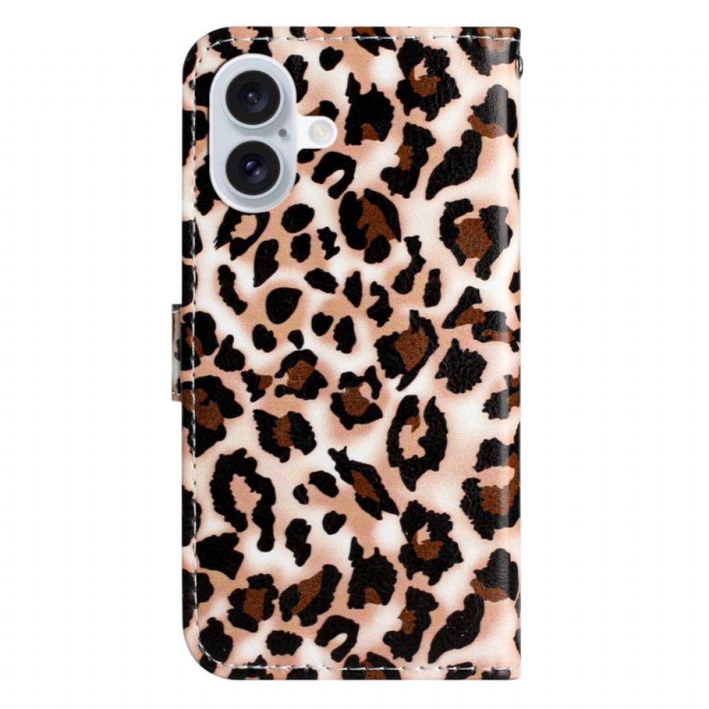 Peněženková Pouzdra iPhone 16 Kryty Na Mobil Leopardí Vzor S Páskem