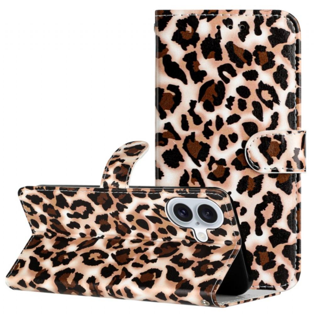 Peněženková Pouzdra iPhone 16 Kryty Na Mobil Leopardí Vzor S Páskem