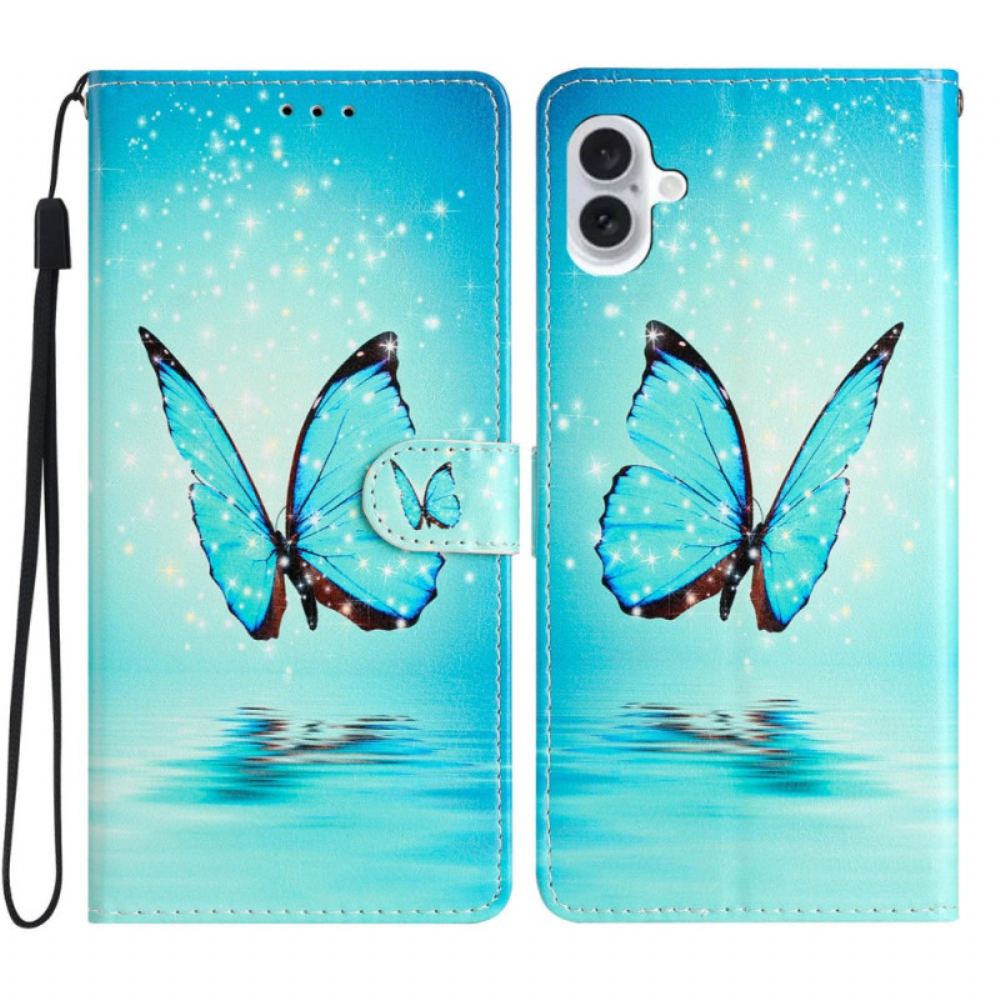 Peněženková Pouzdra iPhone 16 Modrý Motýl S Popruhem