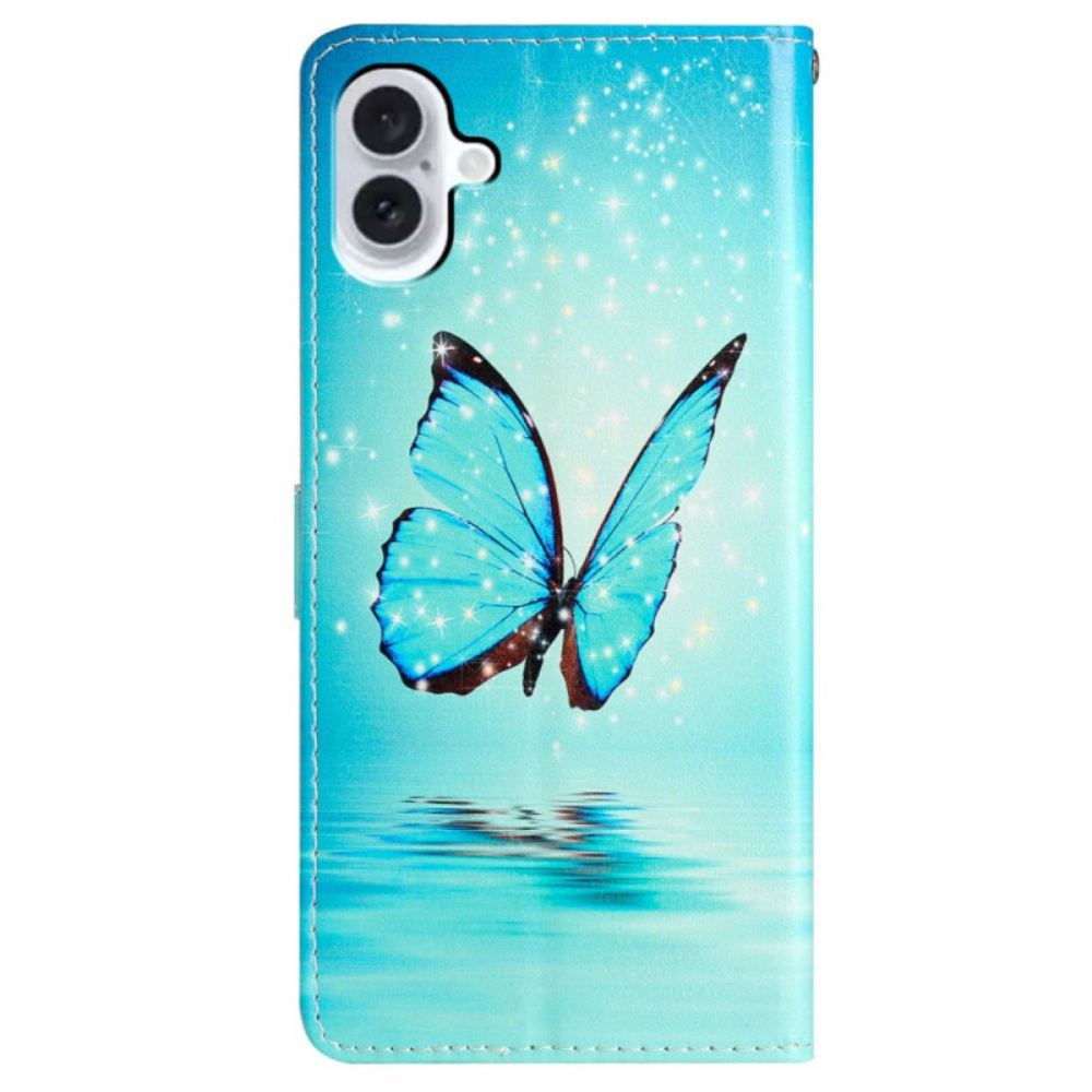 Peněženková Pouzdra iPhone 16 Modrý Motýl S Popruhem