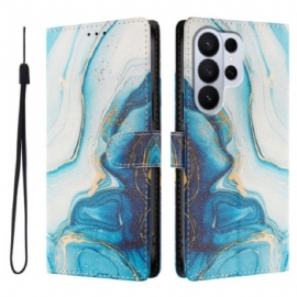 Kožený Kryt Na Samsung Galaxy S26 Ultra Efekt Modrého Mramoru