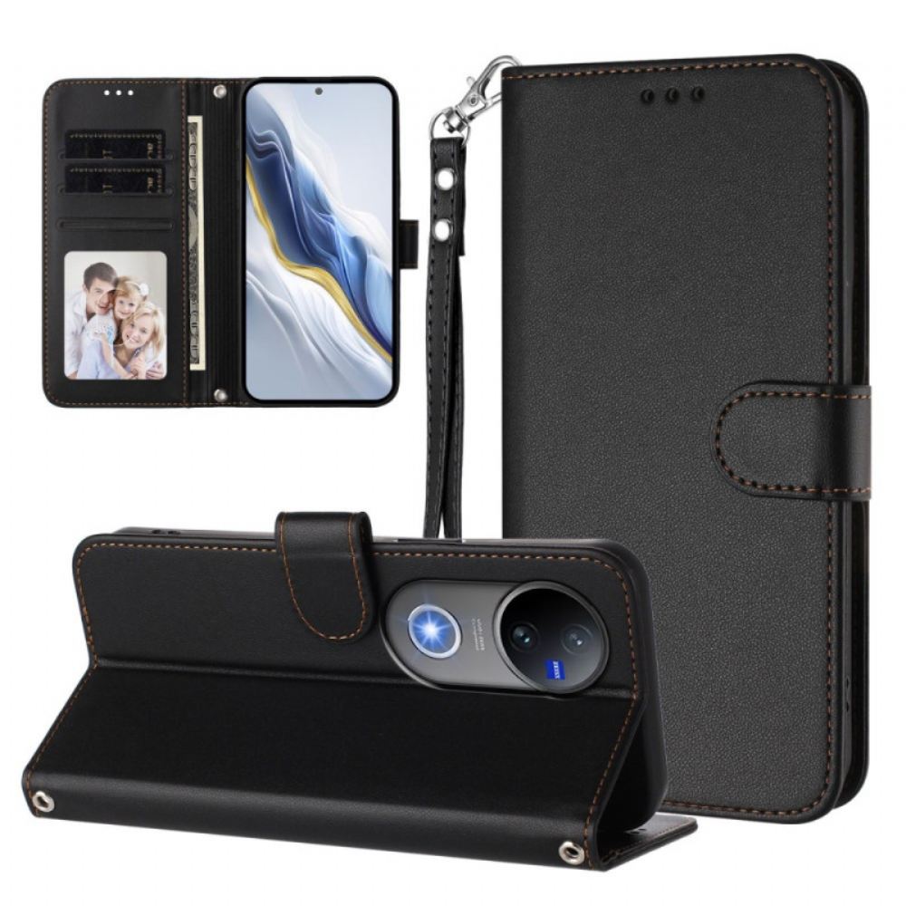 Peněženková Pouzdra Vivo V50e 5g Jednoduchá Umělá Kůže Se Šňůrkou Na Krk