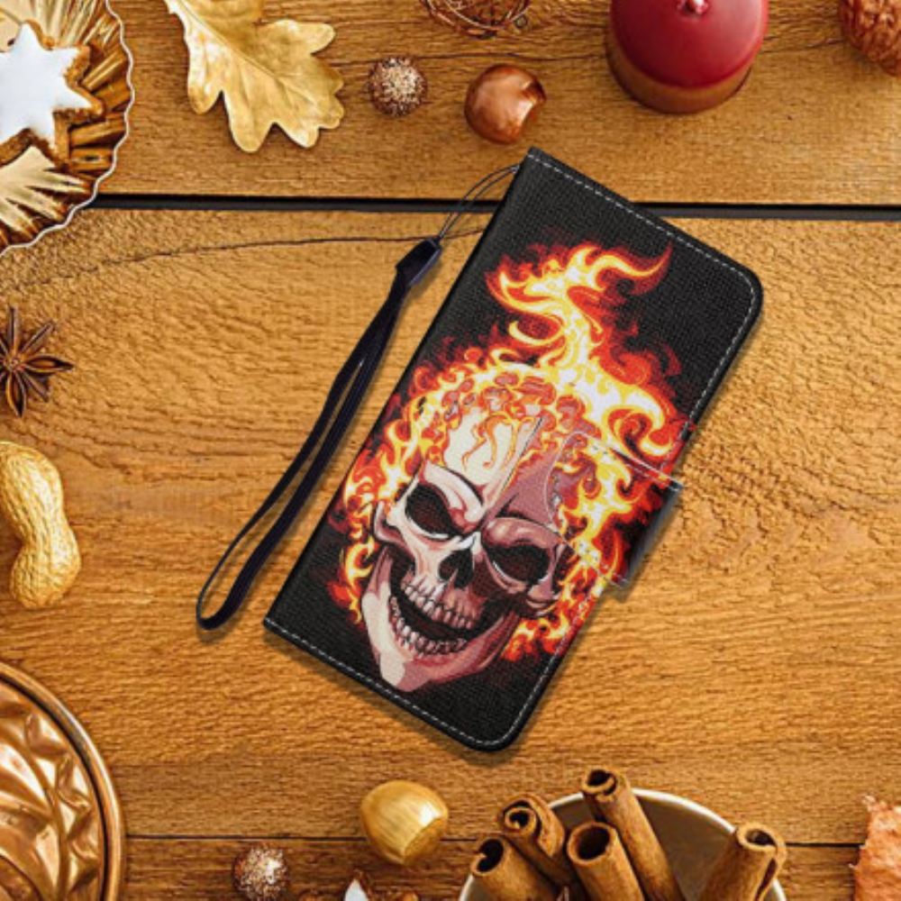 Flipové Pouzdro Na Samsung Galaxy A12 / M12 Hořící Lebka Se Šňůrkou