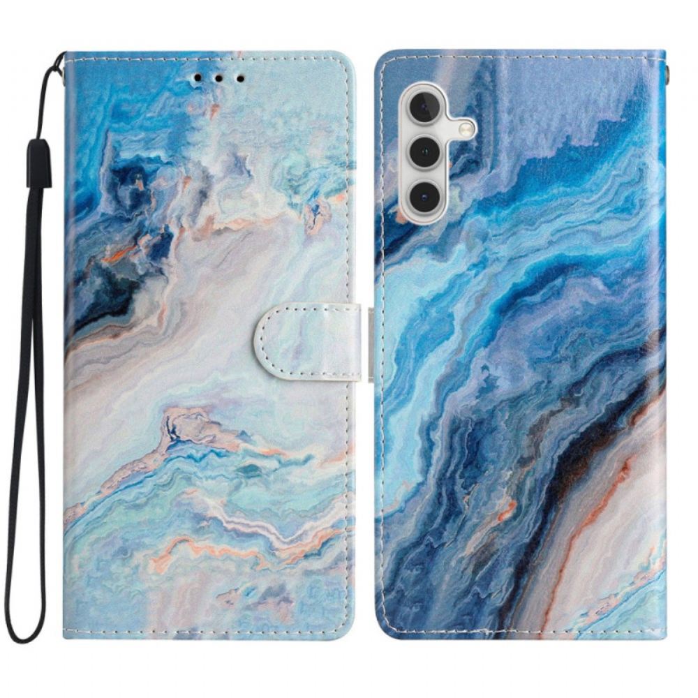 Kožený Kryt Na Samsung Galaxy A55 5g Modrý Mramor S Popruhem