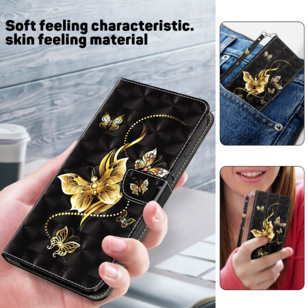 Kožený Kryt Na Samsung Galaxy A55 5g Potisk Zlatých Motýlů S Páskem