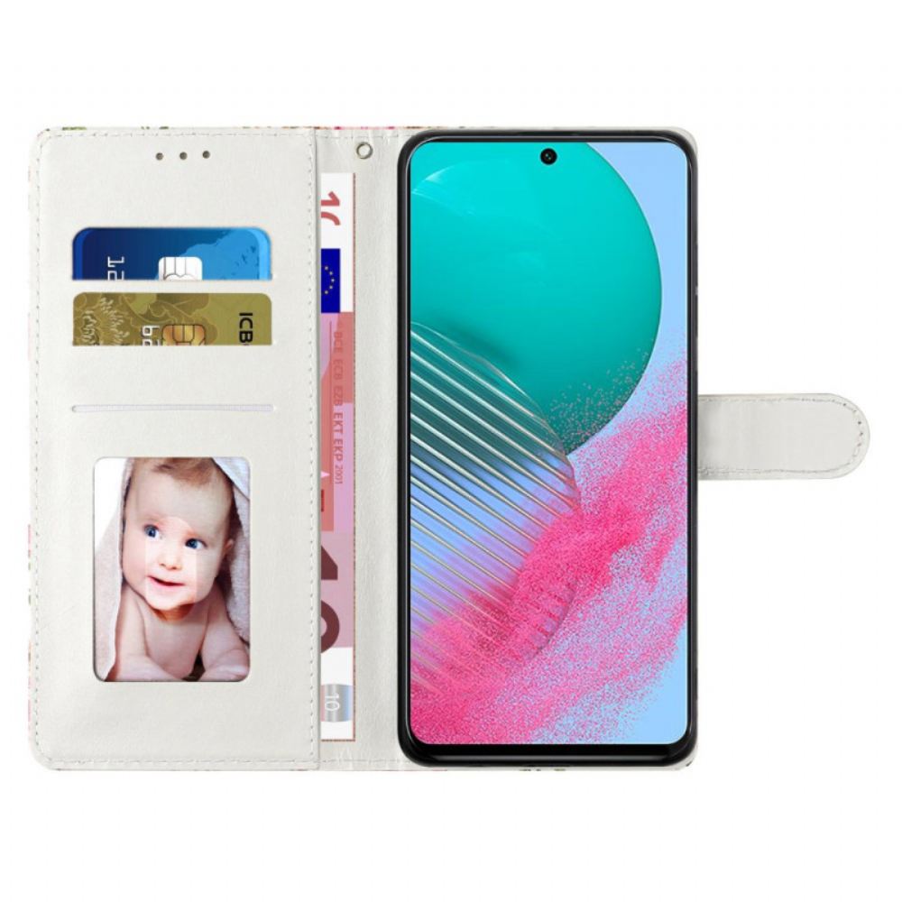 Kožený Kryt Na Samsung Galaxy A55 5g Zlatý Motýl Na Modrém Pozadí S Páskem
