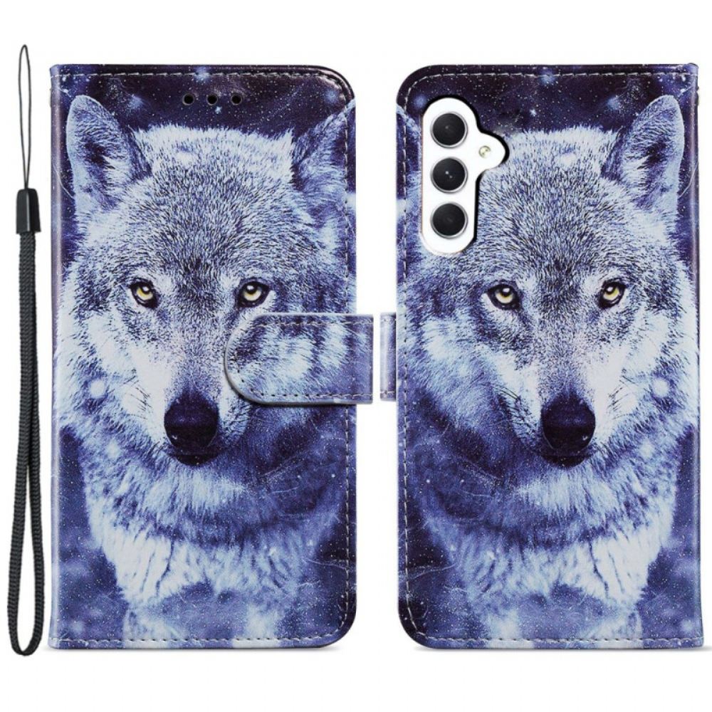 Kožený Kryt Samsung Galaxy A55 5g Bílý Vlk S Popruhem