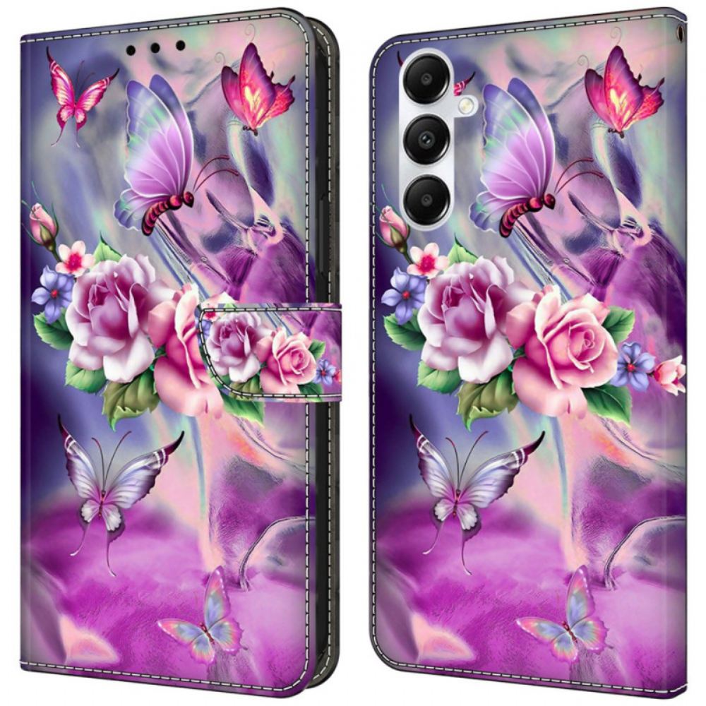 Kožený Kryt Samsung Galaxy A55 5g Fialoví Motýli A Květiny